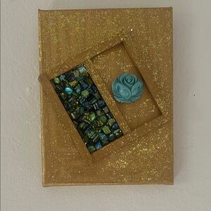 Gold Mosaic Wall Art with Teal Flower Accent